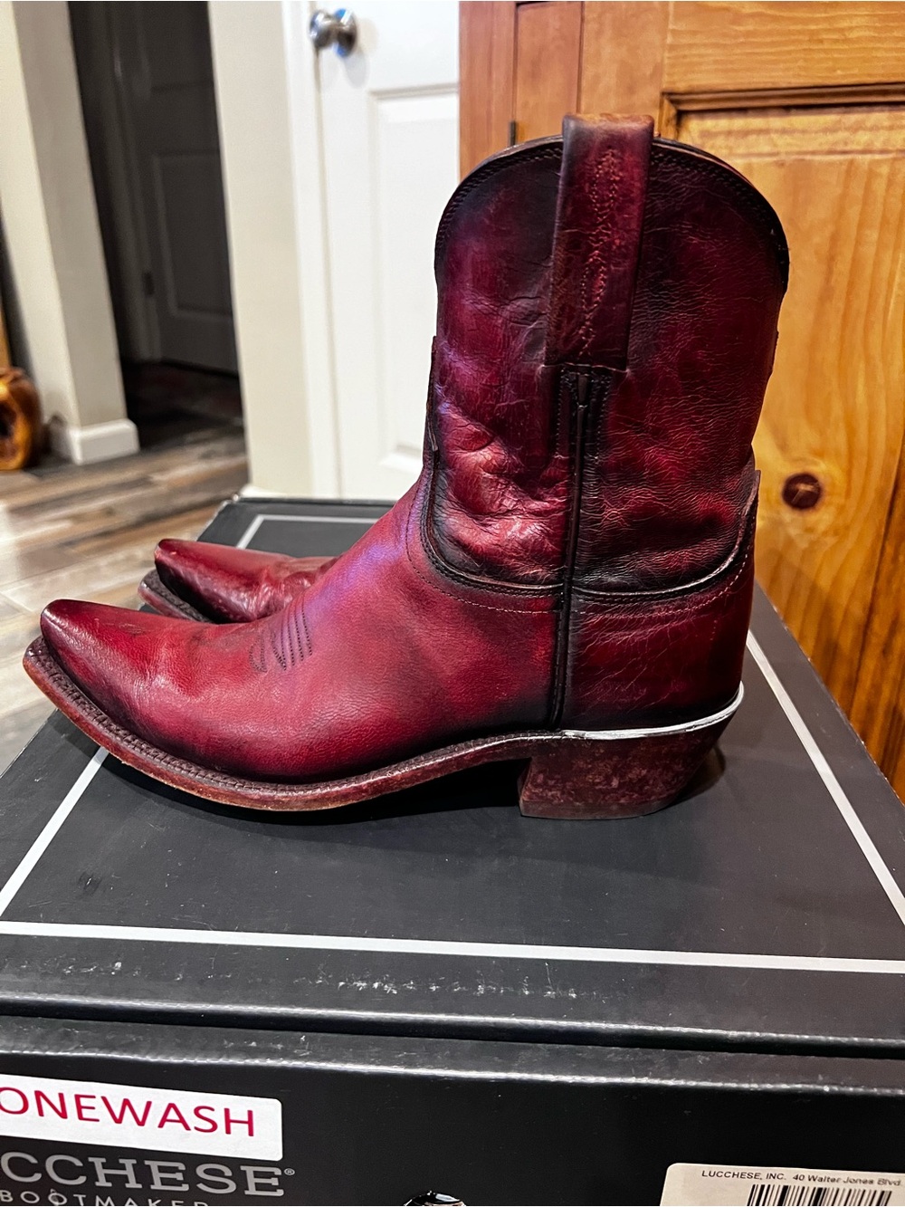 Lucchese Burgundy Leather Cowboy Boots - Picture 4 of 7